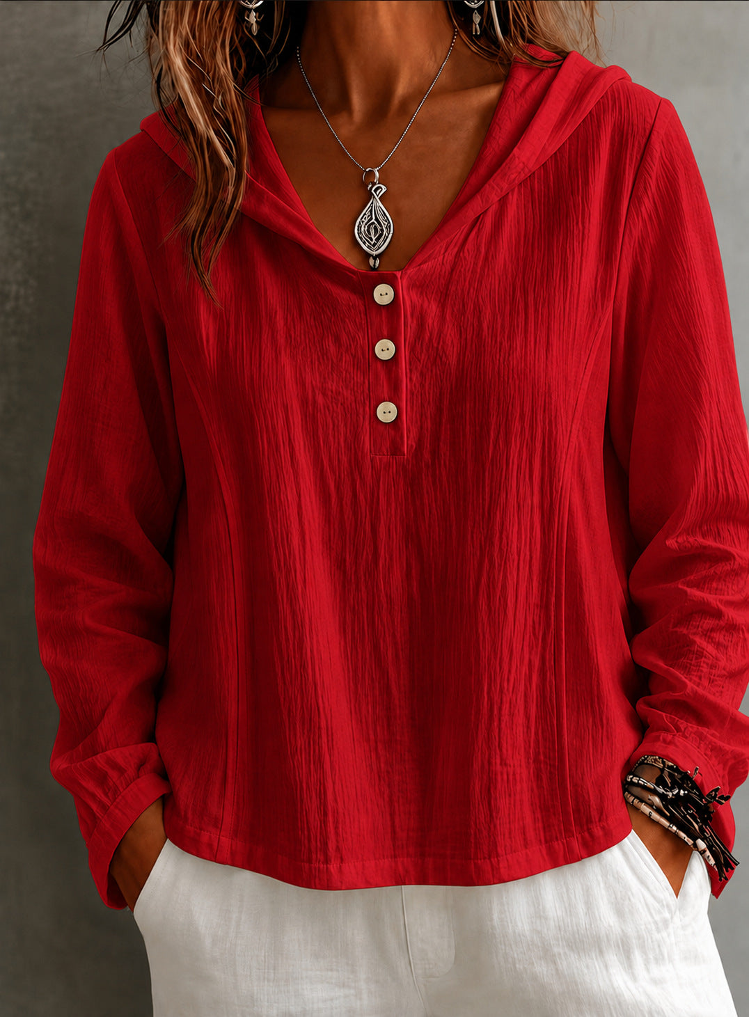 2026 New Women's Hooded Henley Crinkle Long Sleeve Blouse