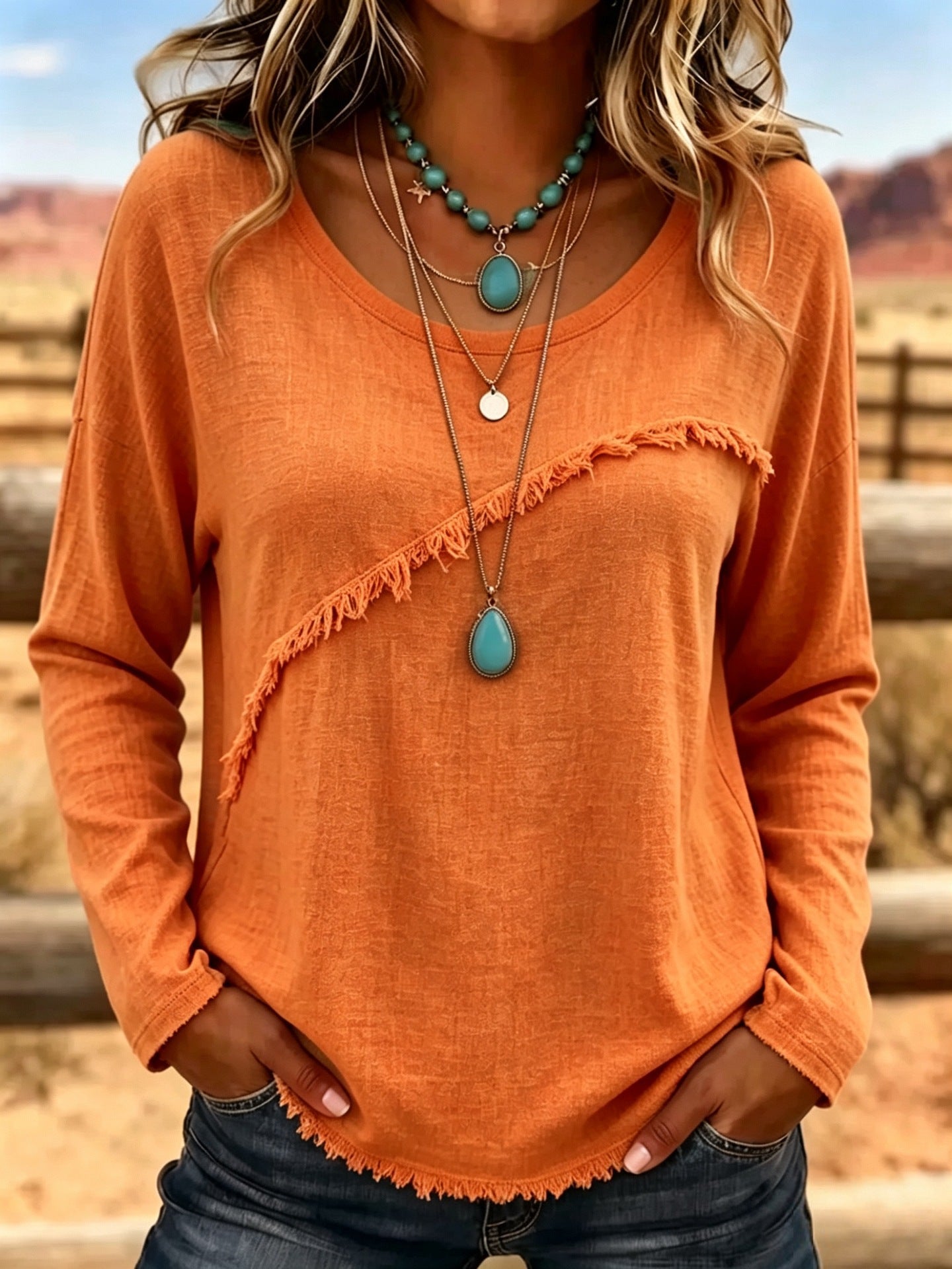 Women Soft Cotton Vintage Fringe Blouse Round Neck Loose Fit Boho Casual Top