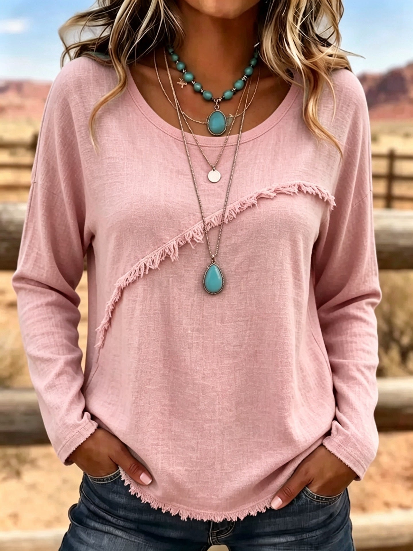 Women Soft Cotton Vintage Fringe Blouse Round Neck Loose Fit Boho Casual Top