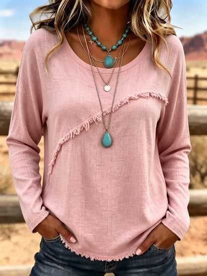 Women Soft Cotton Vintage Fringe Blouse Round Neck Loose Fit Boho Casual Top