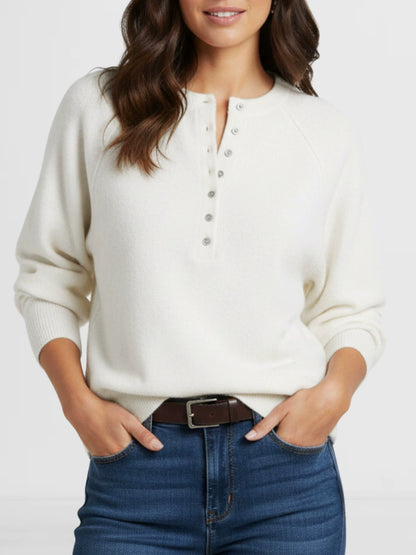 Women Raglan Sleeve Half Button Henley V Neck Soft Knit Long Sleeve Top