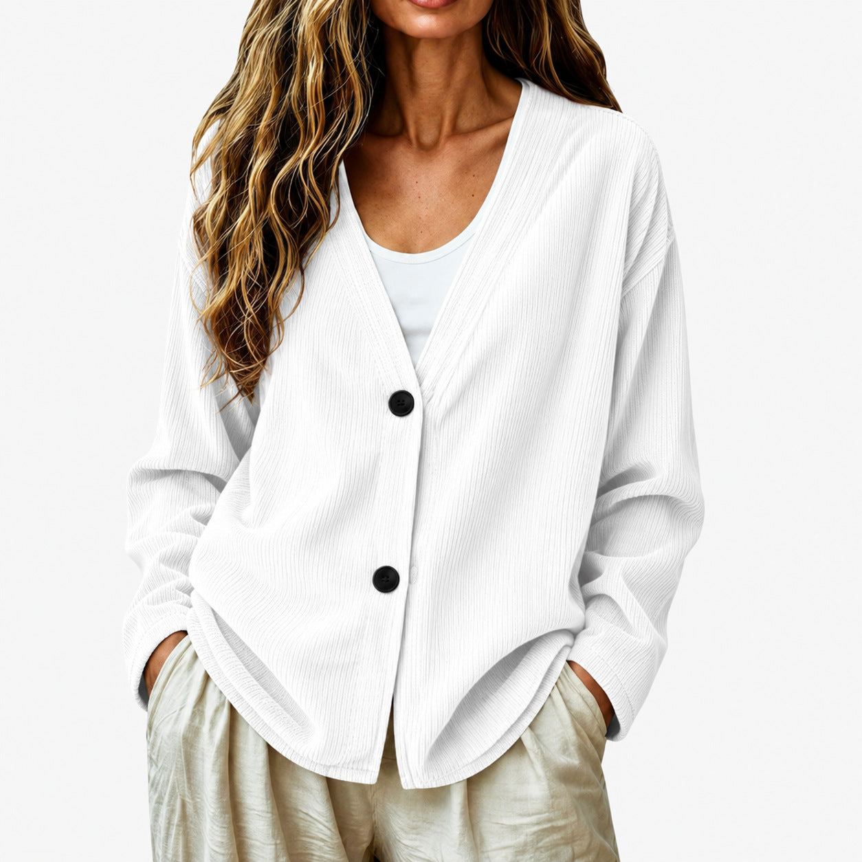 Women's Button Up Loose V Neck Corduroy Knit Cardigan Sweater, Long Sleeve Open Front Comfy Elegant Dressy Casual Outerwear Coat, Basic Fall Tops 2026