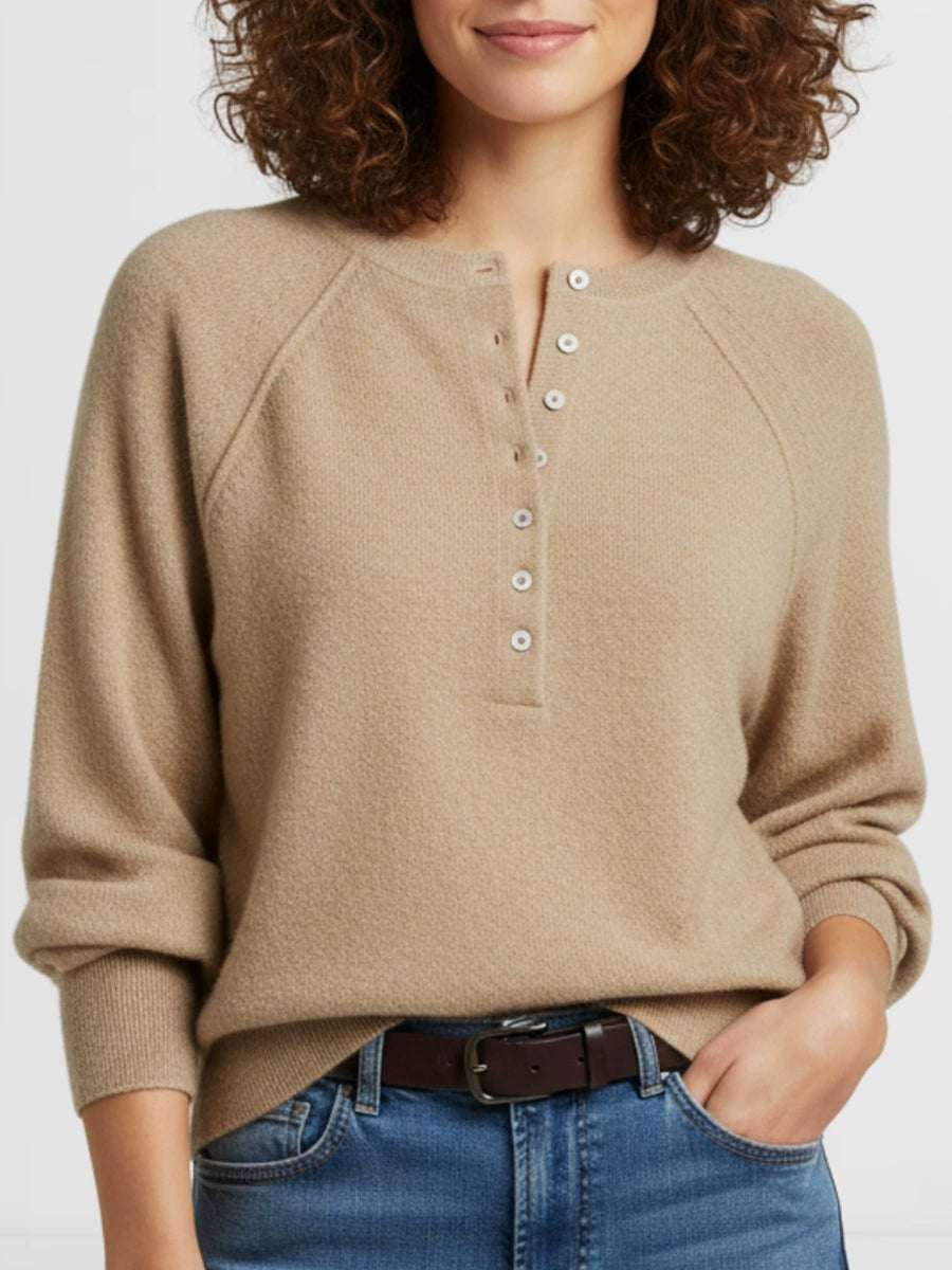 Women Raglan Sleeve Half Button Henley V Neck Soft Knit Long Sleeve Top