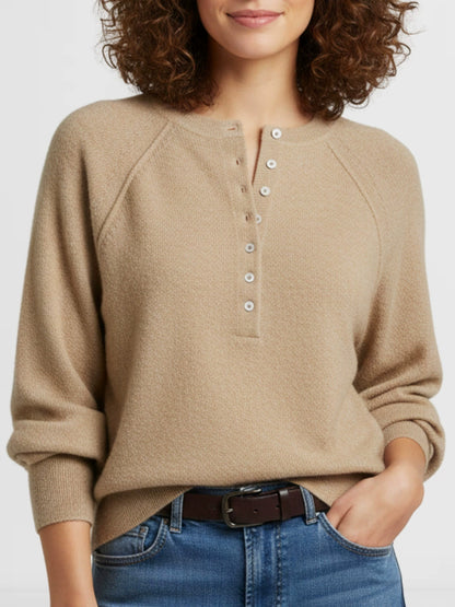 Women Raglan Sleeve Half Button Henley V Neck Soft Knit Long Sleeve Top