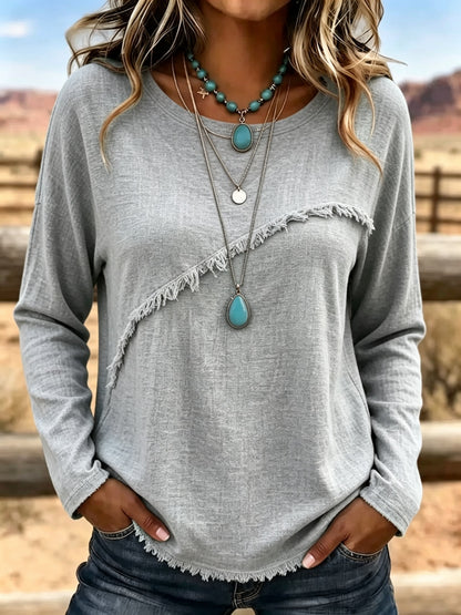 Women Soft Cotton Vintage Fringe Blouse Round Neck Loose Fit Boho Casual Top