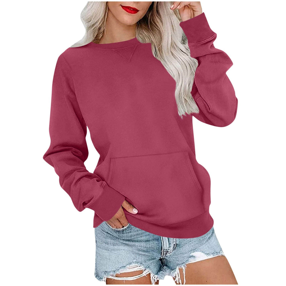Women's Oversized Crewneck Sweatshirt with Kangaroo Pocket