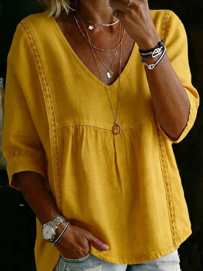 Women V-Neck Lace Blouse, Tummy & Arm Concealing 3/4 Sleeve Office Top