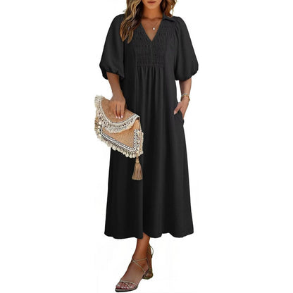 Women 2026 Casual Dresses V Neck Puff Sleeve Empire Waist A-Line Maxi Dress