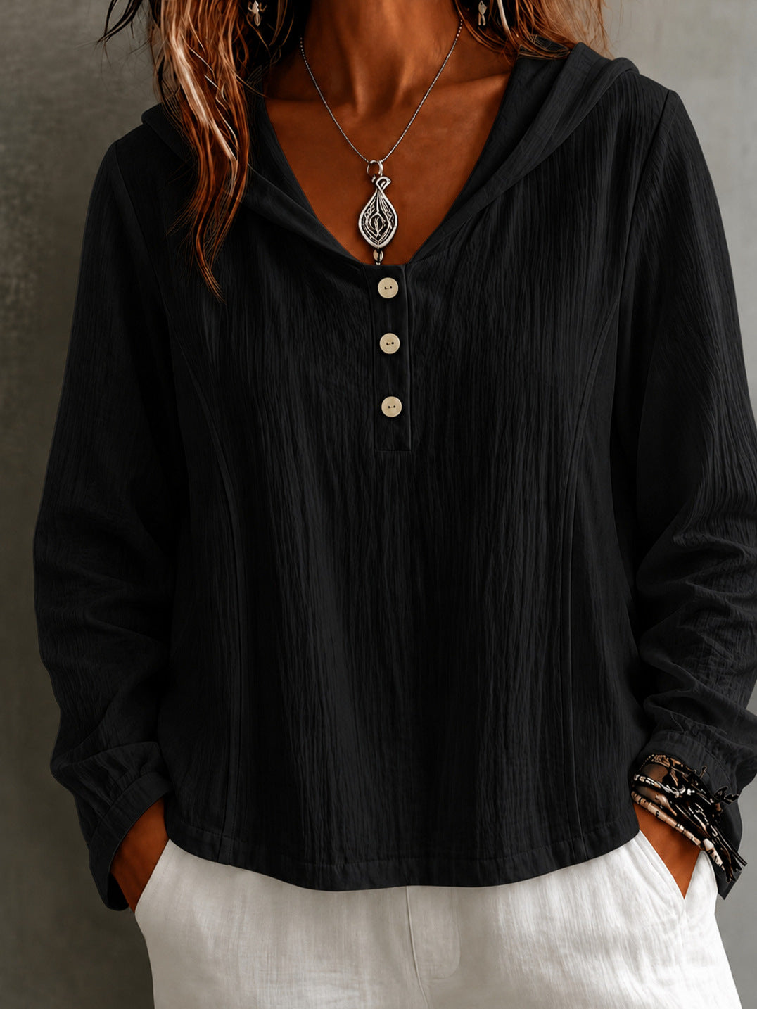 2026 New Women's Hooded Henley Crinkle Long Sleeve Blouse