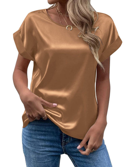 Women Loose Crew‐Neck Satin Short‐Sleeve Business Casual Summer Blouse