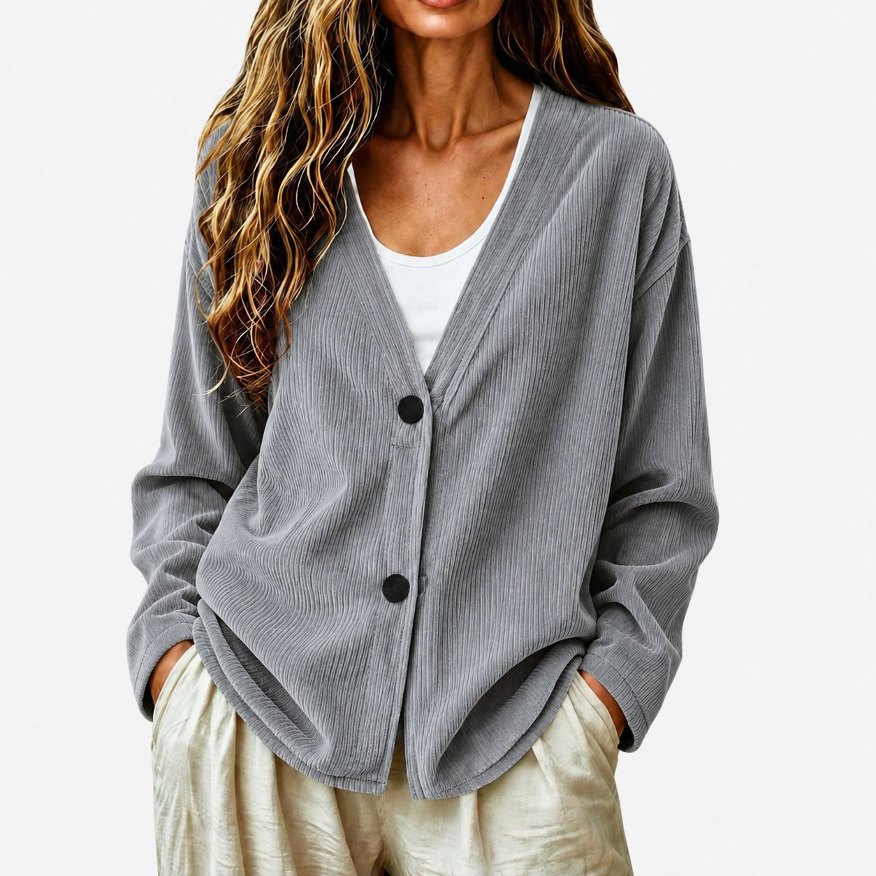 Women's Button Up Loose V Neck Corduroy Knit Cardigan Sweater, Long Sleeve Open Front Comfy Elegant Dressy Casual Outerwear Coat, Basic Fall Tops 2026