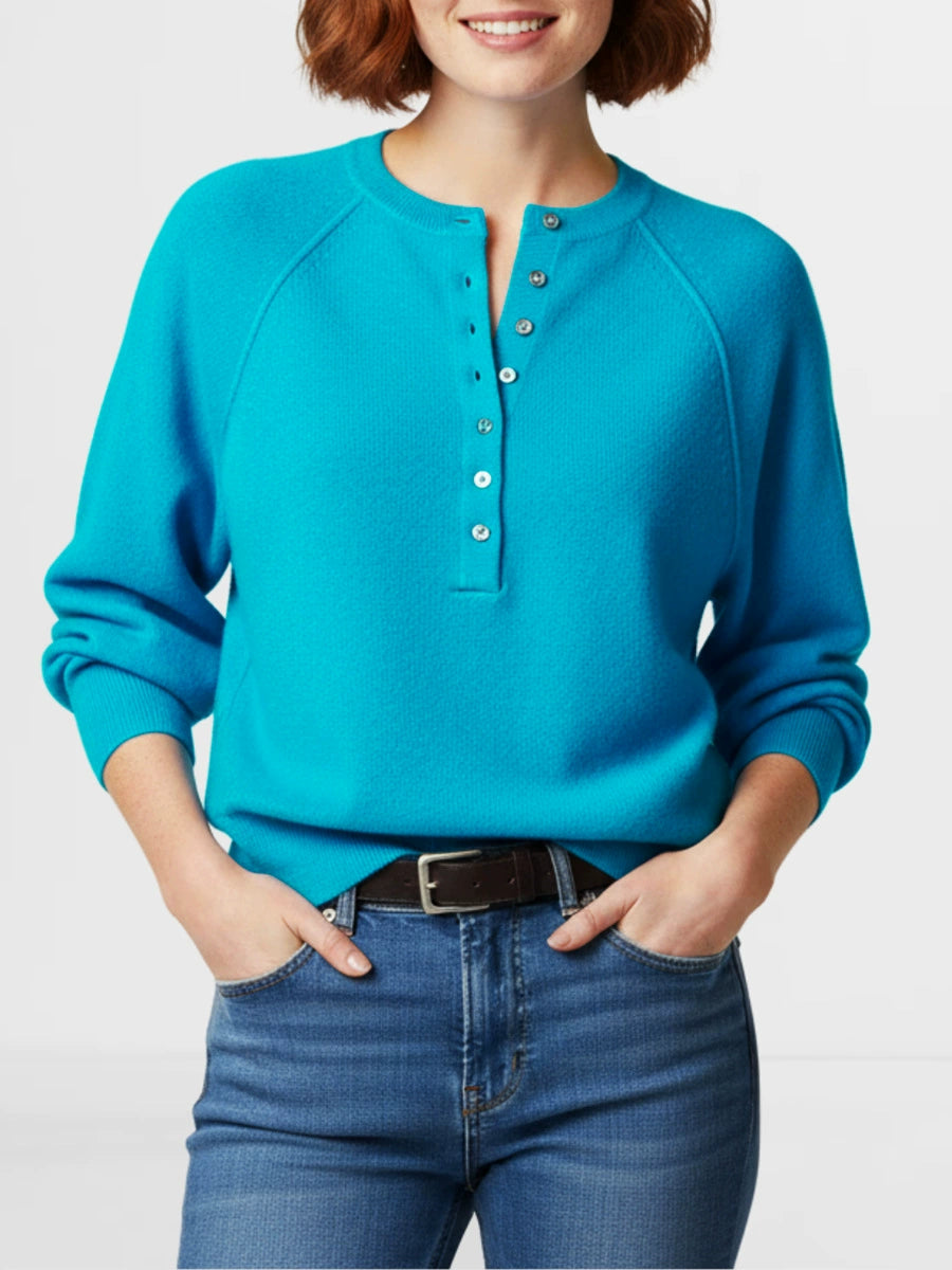 Women Raglan Sleeve Half Button Henley V Neck Soft Knit Long Sleeve Top