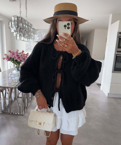 ✨✨Women's Tie Front Bow Cardigan Sweaters Chunky Knit Long Puff Sleeve Trendy Fall Winter Jacket Coats