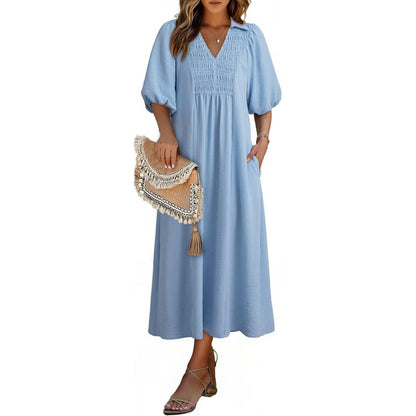 Women 2026 Casual Dresses V Neck Puff Sleeve Empire Waist A-Line Maxi Dress