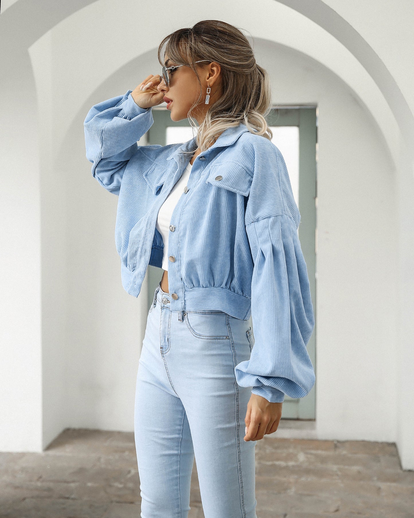 Pocket Cropped Corduroy Casual Jacket