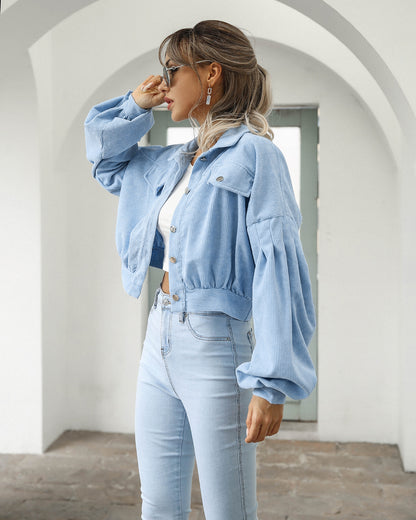 Pocket Cropped Corduroy Casual Jacket