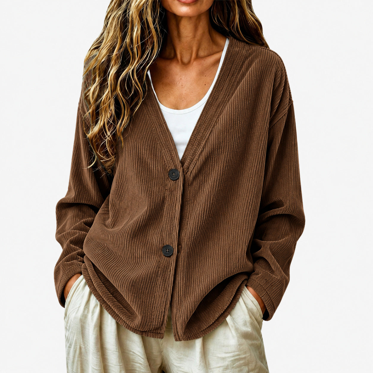 Women's Button Up Loose V Neck Corduroy Knit Cardigan Sweater, Long Sleeve Open Front Comfy Elegant Dressy Casual Outerwear Coat, Basic Fall Tops 2026