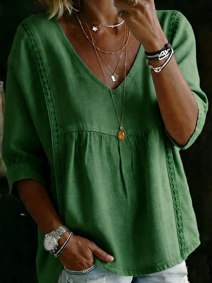 Women V-Neck Lace Blouse, Tummy & Arm Concealing 3/4 Sleeve Office Top