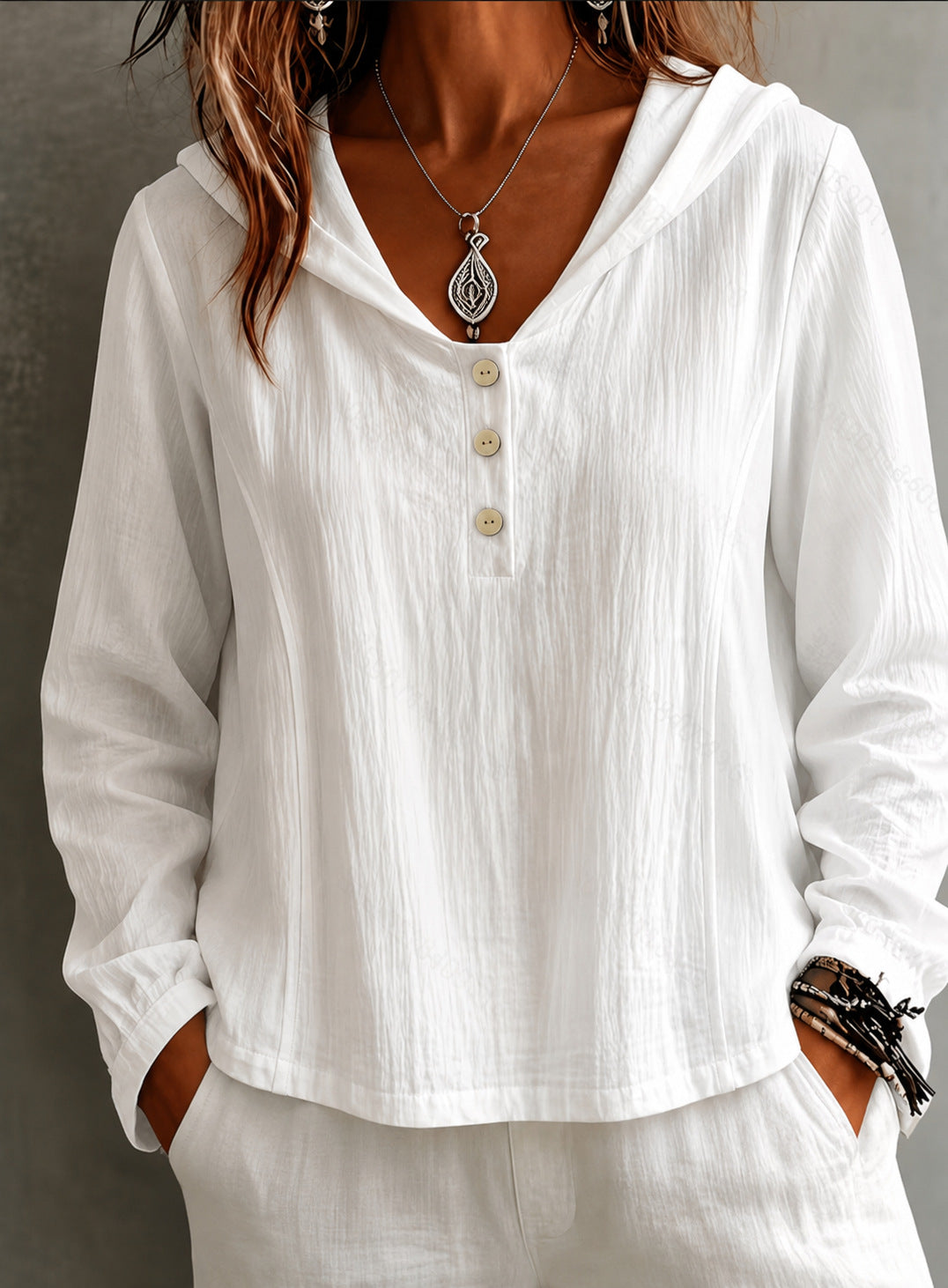 2026 New Women's Hooded Henley Crinkle Long Sleeve Blouse