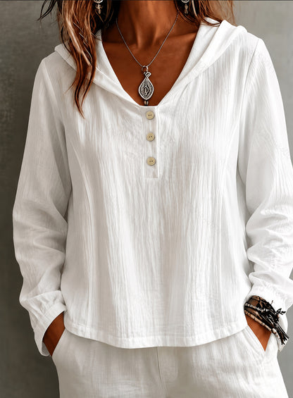 2026 New Women's Hooded Henley Crinkle Long Sleeve Blouse