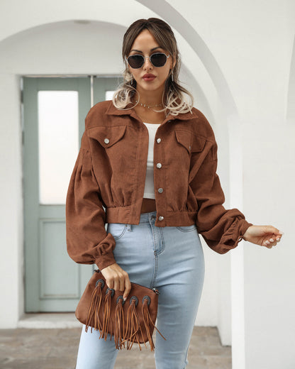 Pocket Cropped Corduroy Casual Jacket