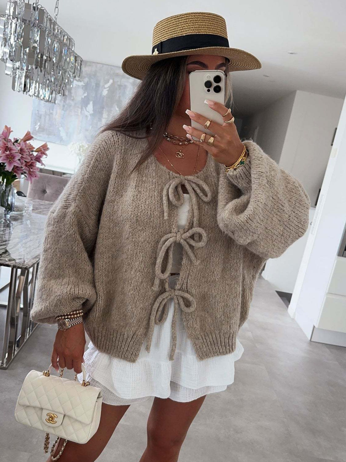 ✨✨Women's Tie Front Bow Cardigan Sweaters Chunky Knit Long Puff Sleeve Trendy Fall Winter Jacket Coats