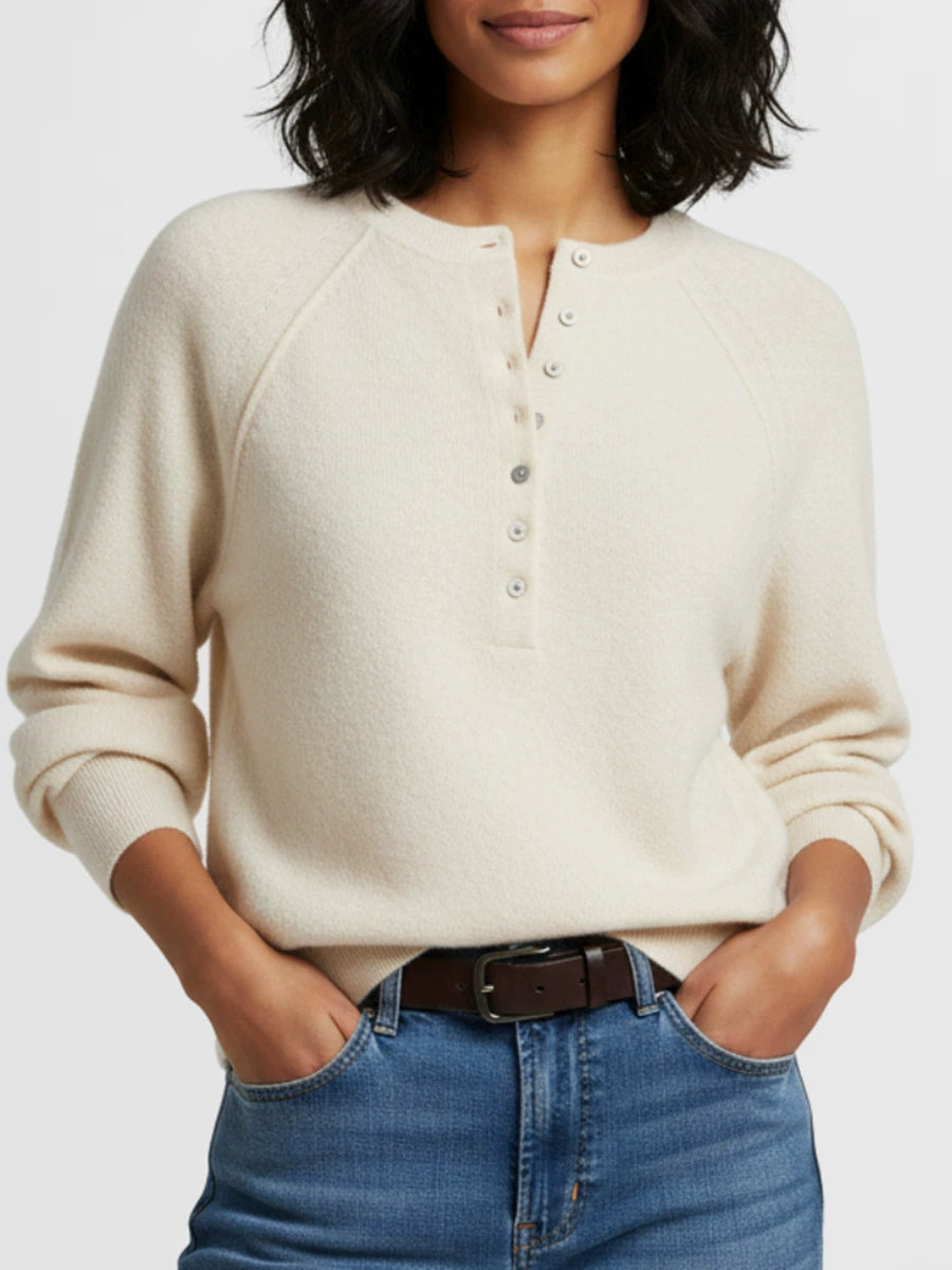 Women Raglan Sleeve Half Button Henley V Neck Soft Knit Long Sleeve Top
