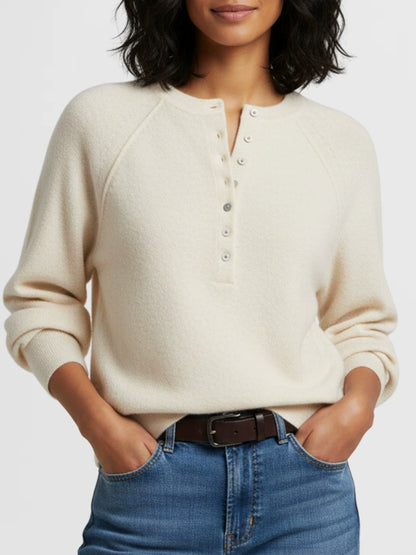 Women Raglan Sleeve Half Button Henley V Neck Soft Knit Long Sleeve Top
