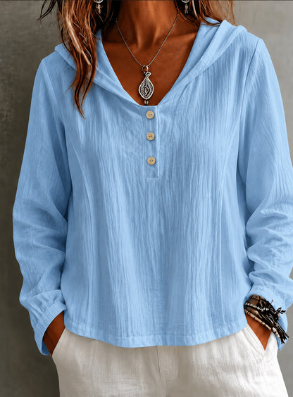 2026 New Women's Hooded Henley Crinkle Long Sleeve Blouse