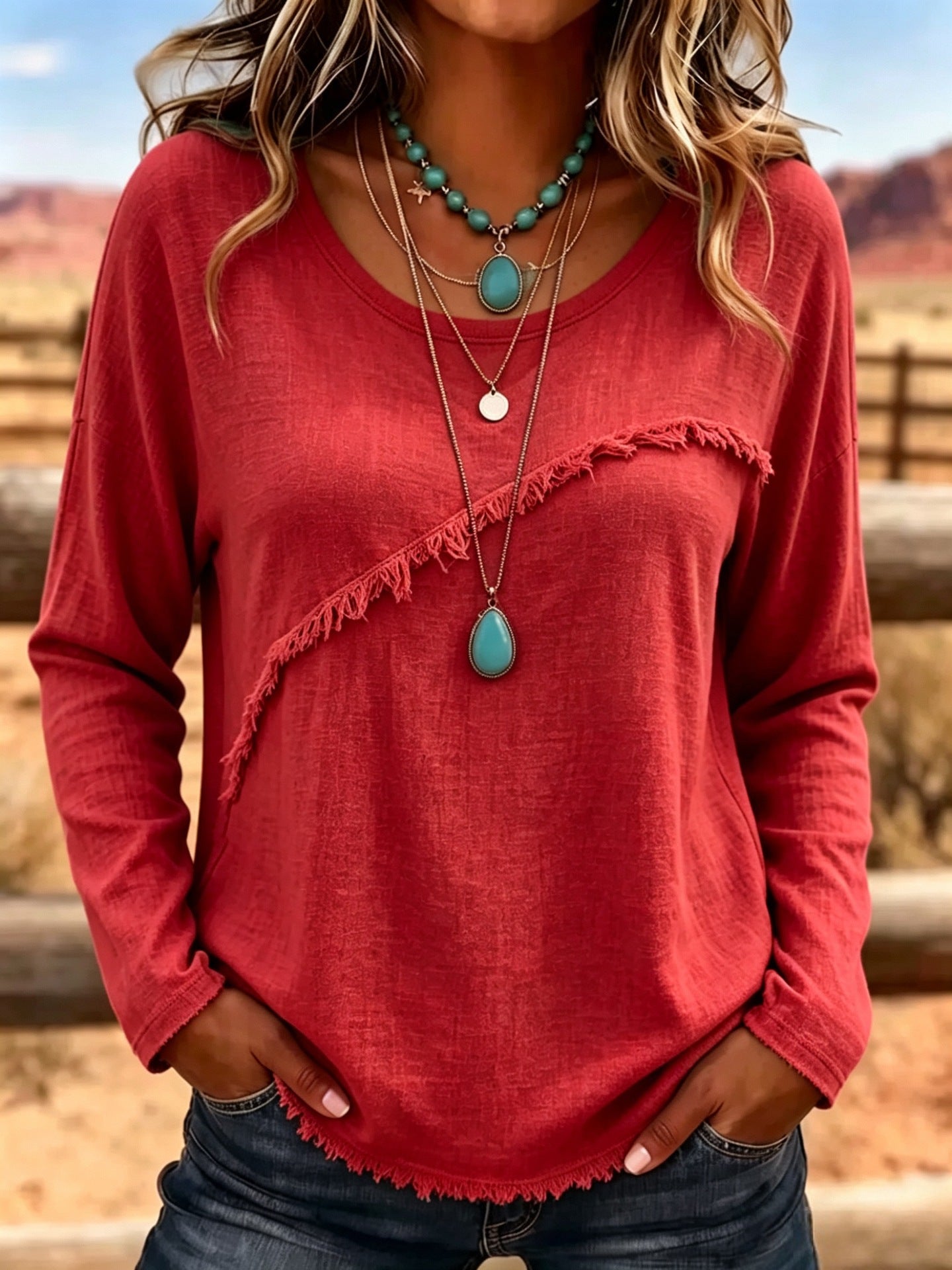 Women Soft Cotton Vintage Fringe Blouse Round Neck Loose Fit Boho Casual Top