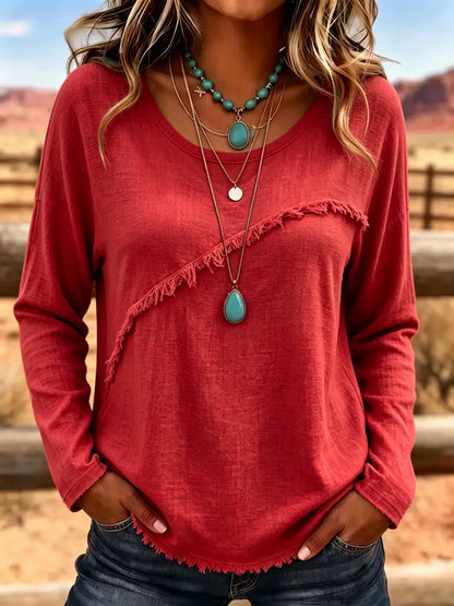 Women Soft Cotton Vintage Fringe Blouse Round Neck Loose Fit Boho Casual Top