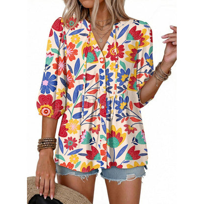 Women's Boho Floral V-Neck Button-Down Peplum Blouse