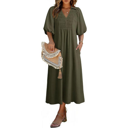 Women 2026 Casual Dresses V Neck Puff Sleeve Empire Waist A-Line Maxi Dress