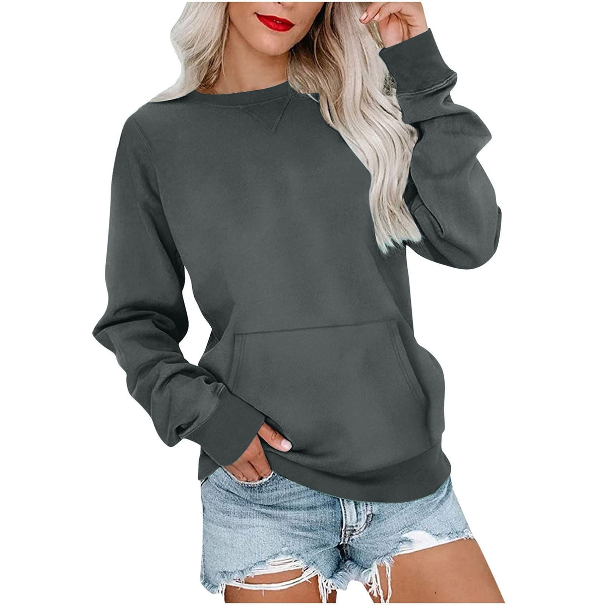 Women's Oversized Crewneck Sweatshirt with Kangaroo Pocket