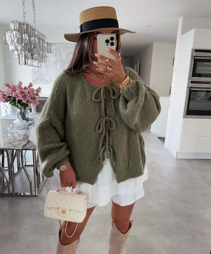 ✨✨Women's Tie Front Bow Cardigan Sweaters Chunky Knit Long Puff Sleeve Trendy Fall Winter Jacket Coats