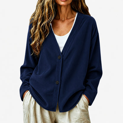 Women's Button Up Loose V Neck Corduroy Knit Cardigan Sweater, Long Sleeve Open Front Comfy Elegant Dressy Casual Outerwear Coat, Basic Fall Tops 2026