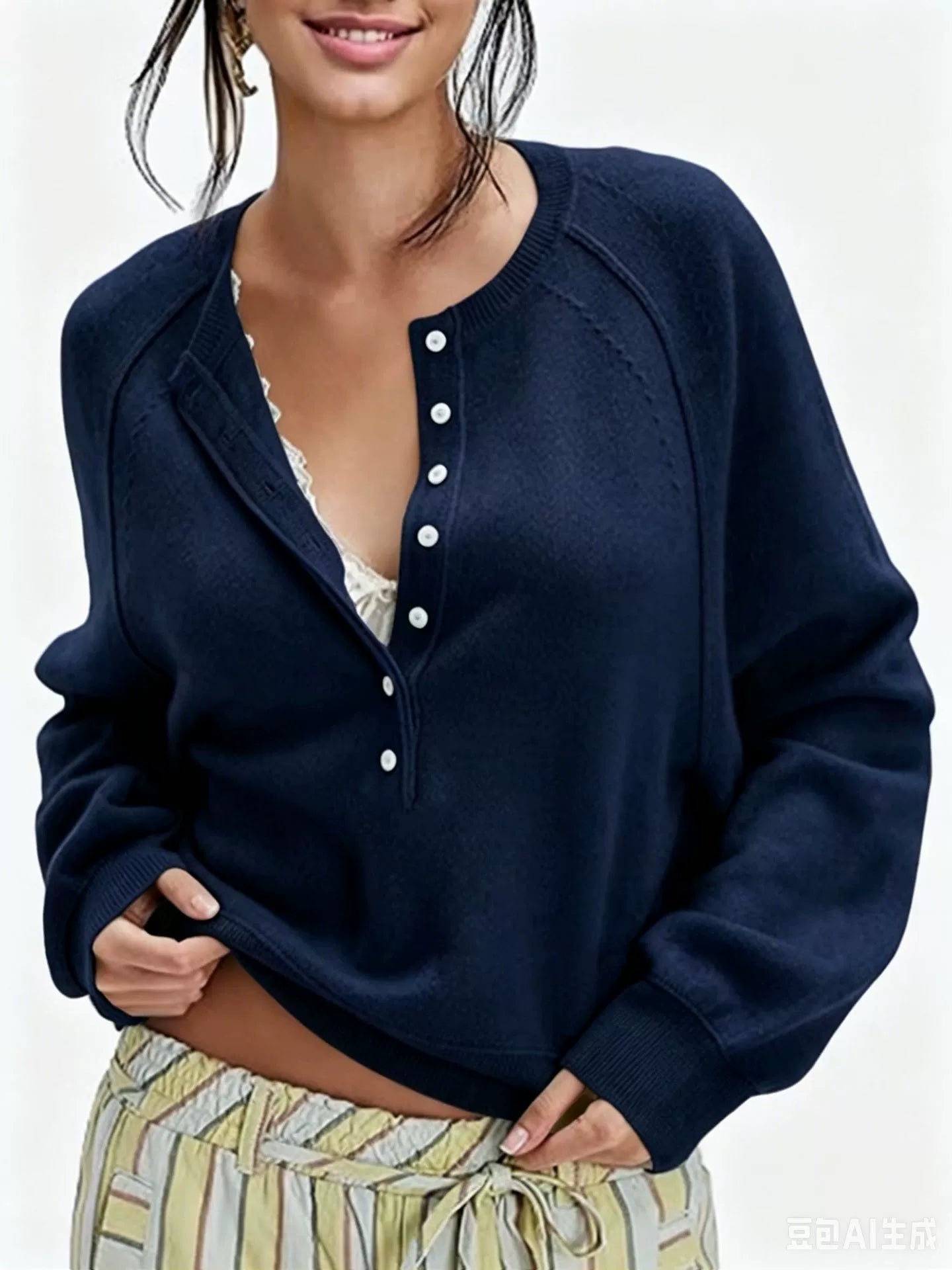 Women Raglan Sleeve Half Button Henley V Neck Soft Knit Long Sleeve Top
