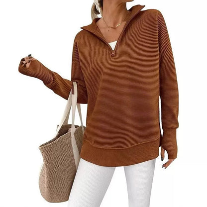 Women's Cozy Quarter-Zip Sweater – Soft Ribbed Knit V-Neck Pullover with Thumb Holes