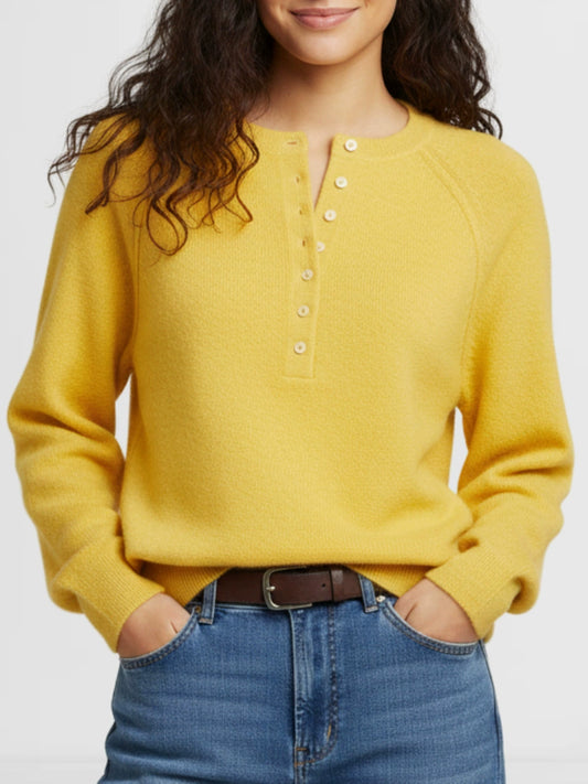 Women Raglan Sleeve Half Button Henley V Neck Soft Knit Long Sleeve Top