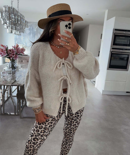 ✨✨Women's Tie Front Bow Cardigan Sweaters Chunky Knit Long Puff Sleeve Trendy Fall Winter Jacket Coats