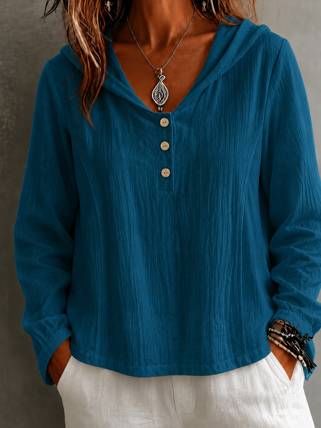 2026 New Women's Hooded Henley Crinkle Long Sleeve Blouse