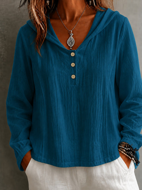 2026 New Women's Hooded Henley Crinkle Long Sleeve Blouse