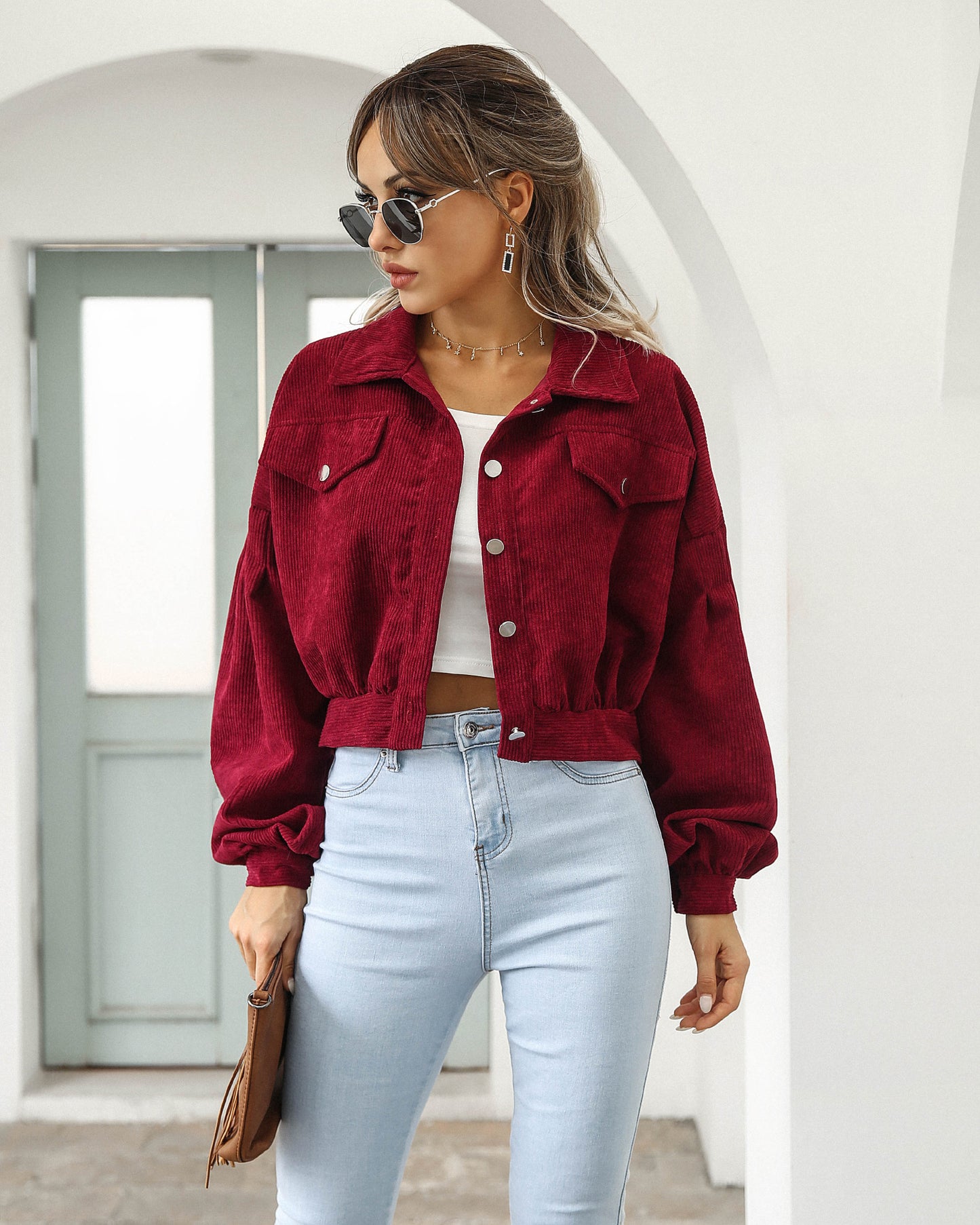 Pocket Cropped Corduroy Casual Jacket