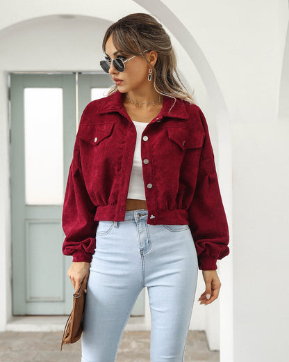 Pocket Cropped Corduroy Casual Jacket