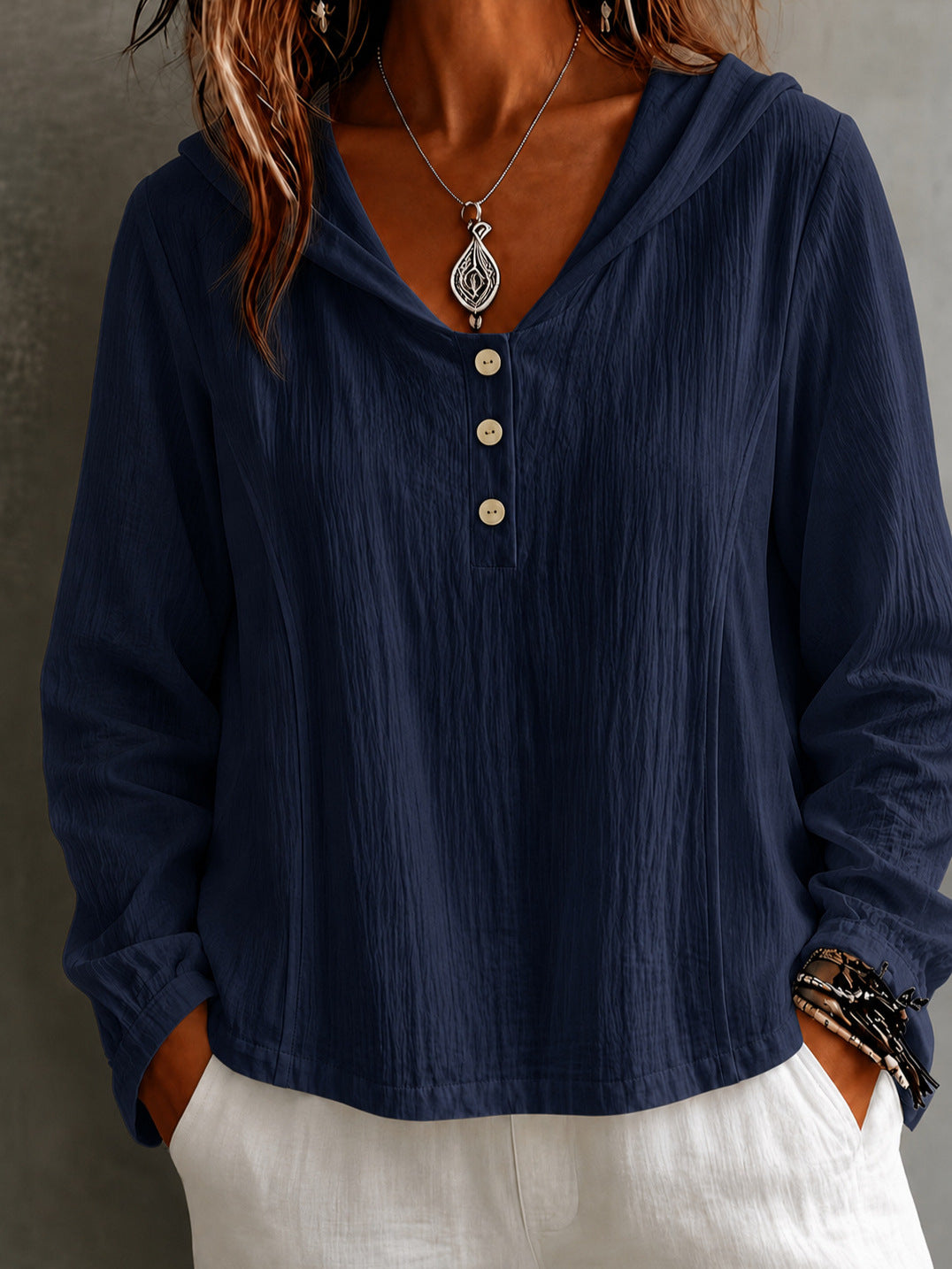 2026 New Women's Hooded Henley Crinkle Long Sleeve Blouse