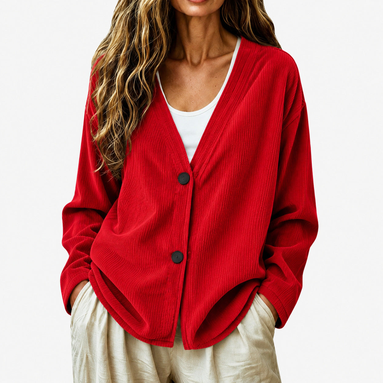 Women's Button Up Loose V Neck Corduroy Knit Cardigan Sweater, Long Sleeve Open Front Comfy Elegant Dressy Casual Outerwear Coat, Basic Fall Tops 2026