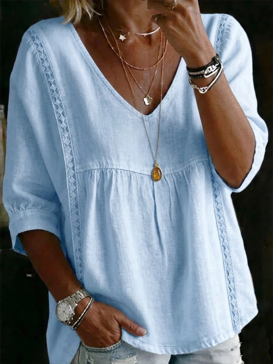 Women V-Neck Lace Blouse, Tummy & Arm Concealing 3/4 Sleeve Office Top