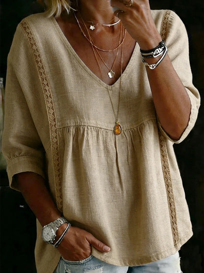 Women V-Neck Lace Blouse, Tummy & Arm Concealing 3/4 Sleeve Office Top