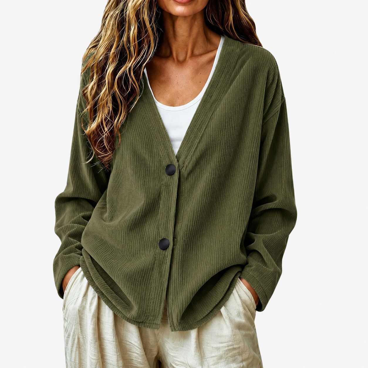Women's Button Up Loose V Neck Corduroy Knit Cardigan Sweater, Long Sleeve Open Front Comfy Elegant Dressy Casual Outerwear Coat, Basic Fall Tops 2026