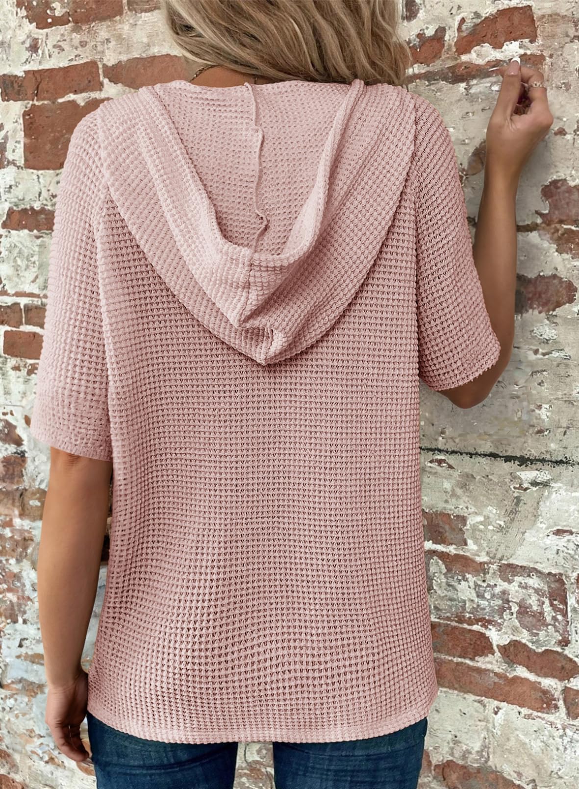 ✨Women's Waffle Knit Button V Neck Short Sleeve Lightweight Drawstring Hoodies